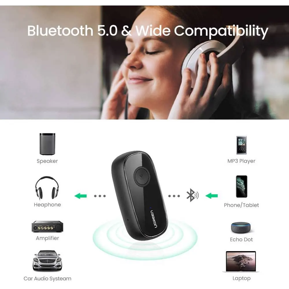 Bluetooth მიმღები UGREEN CM279 (70304), Bluetooth 5.0, AUX, Car Adapter, Black