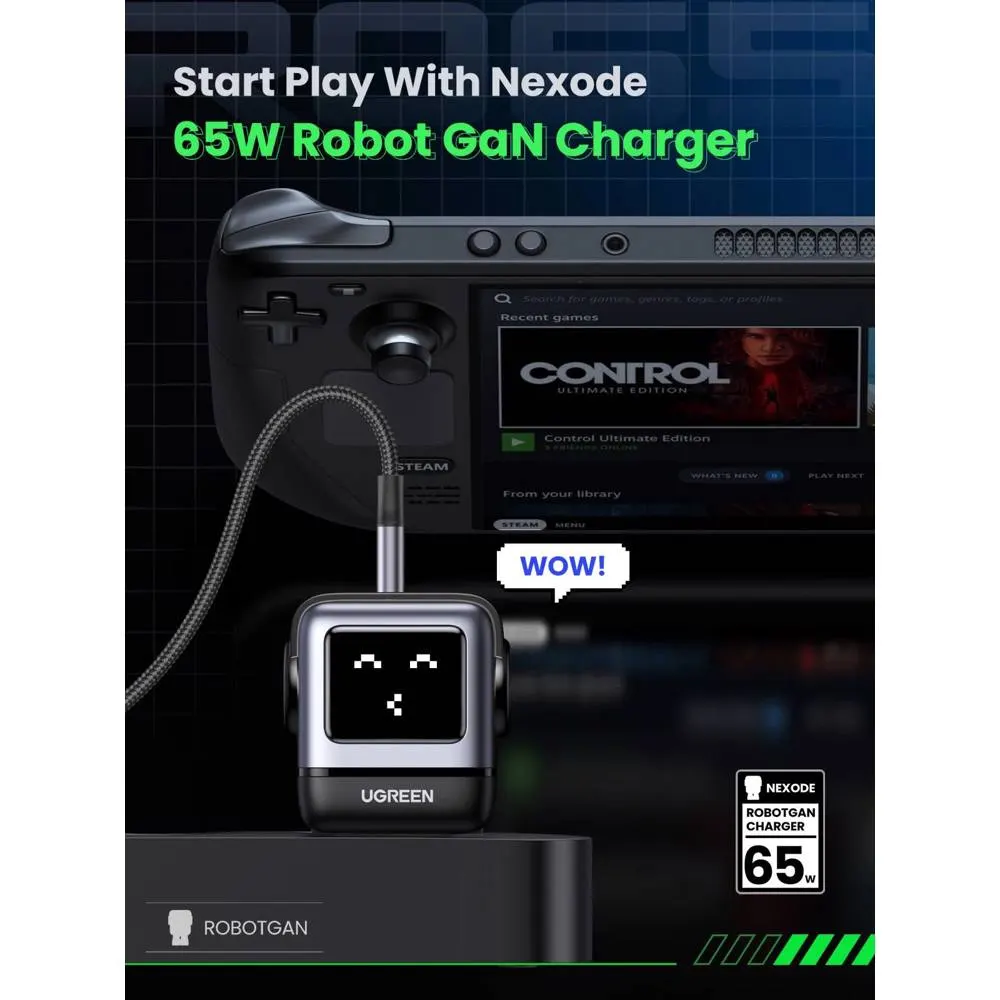 მობილურის დამტენი UGREEN CD361 (25685B) Nexode Uno RobotGaN, 65W, USB, Type-C, Black/Grey