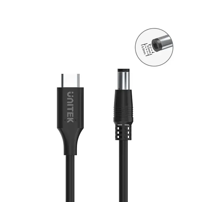 C14116BK-1.8M, UNITEK, 1.8M, 65W USB-C to DC5.5*2.5mm Charging Cable for Toshiba Laptops