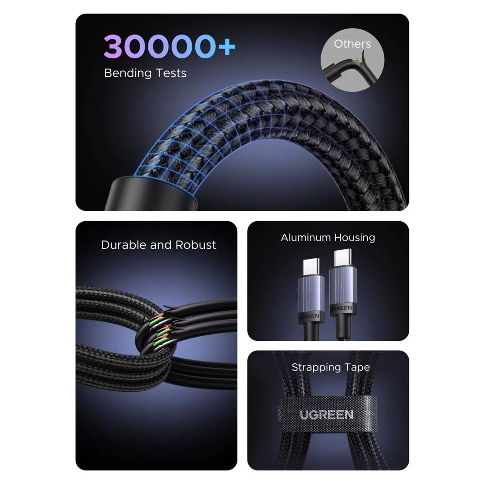 USB კაბელი UGREEN L532 (65907), 240W, Type-C to Type-C PD Fast Charging Cable, 1m, Space Gray