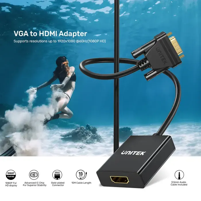 V1112ABK01, UNITEK, VGA to HDMI Adapter with Audio & Power Port
