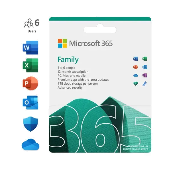 6GQ-00084 Microsoft 365 Family 1 year Electronic keys Works on PC, Mac, iPhone, iPad, and Android phones and tablets Up to 6
