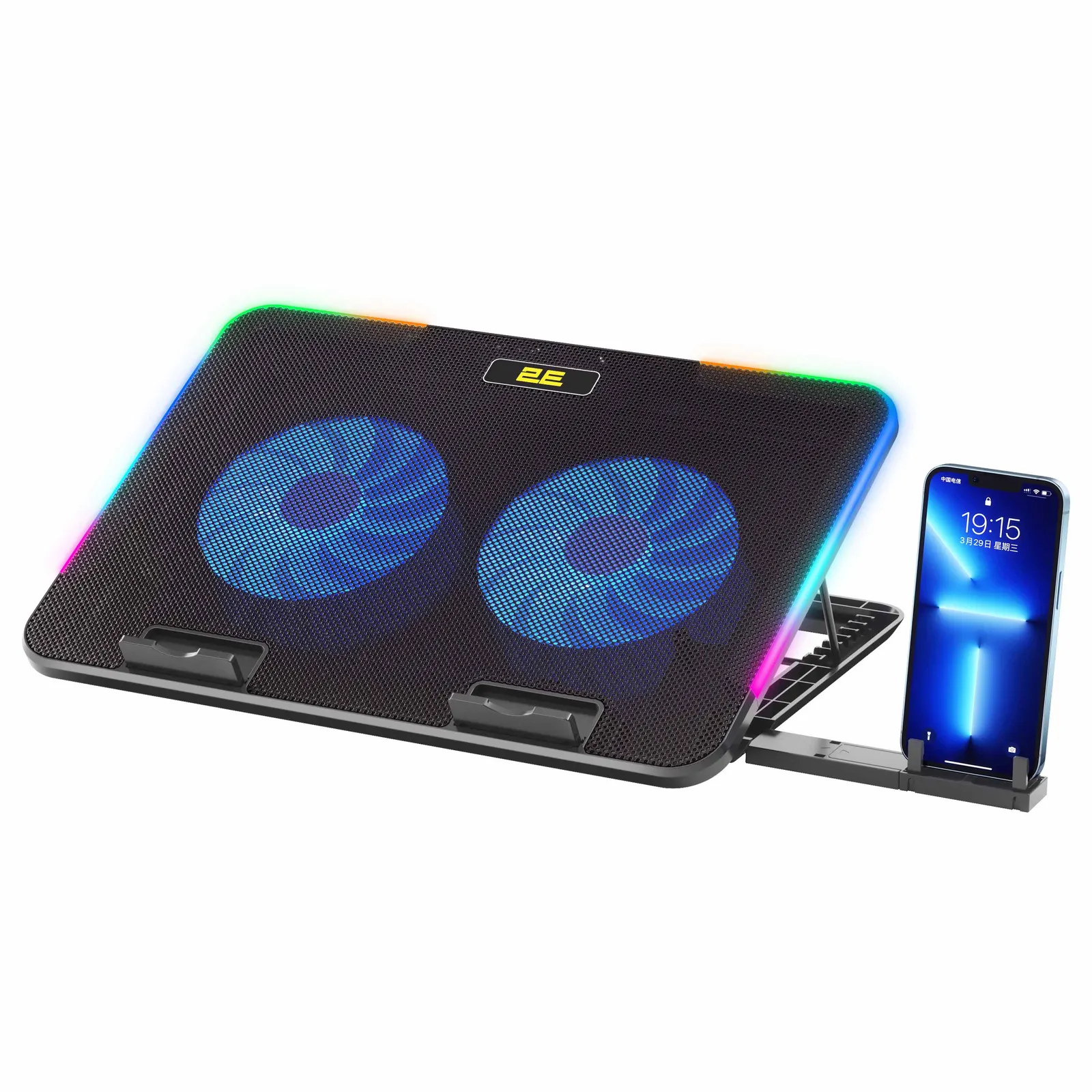 ნოუთბუქის ქულერი 2E GAMING Laptop Stand CPG-001 V2, up to 15.6", 2xUSB-A, phone holder, RGB, black