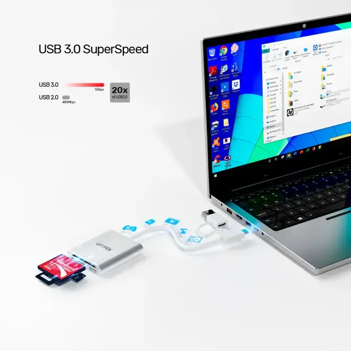Y-9313D, UNITEK, Card Reader, Y-9313D, USB3.0 to Micro SD/SD/CF Card Reader (With USB-C Adaptor).
