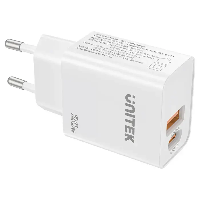P1124AWH01-EU, UNITEK, 20W 2-Port Wall Charger (USB-A QC + USB-C PD), White