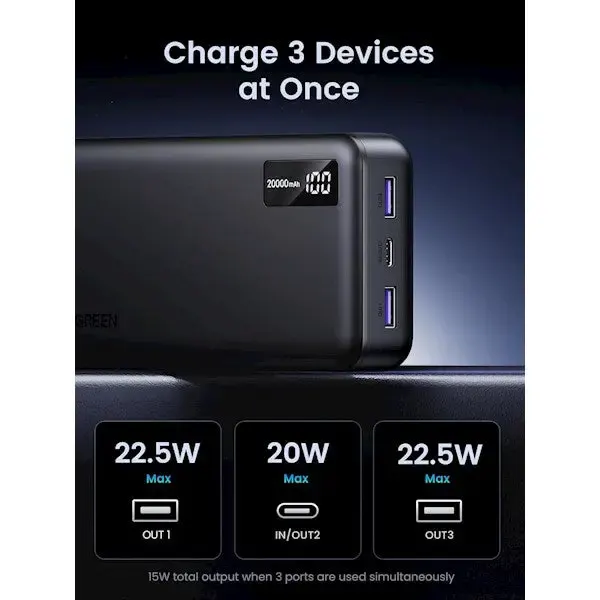 UGREEN, PB312(25683), Power Bank, 2000mAh, USB Type-C Two-way, Black.