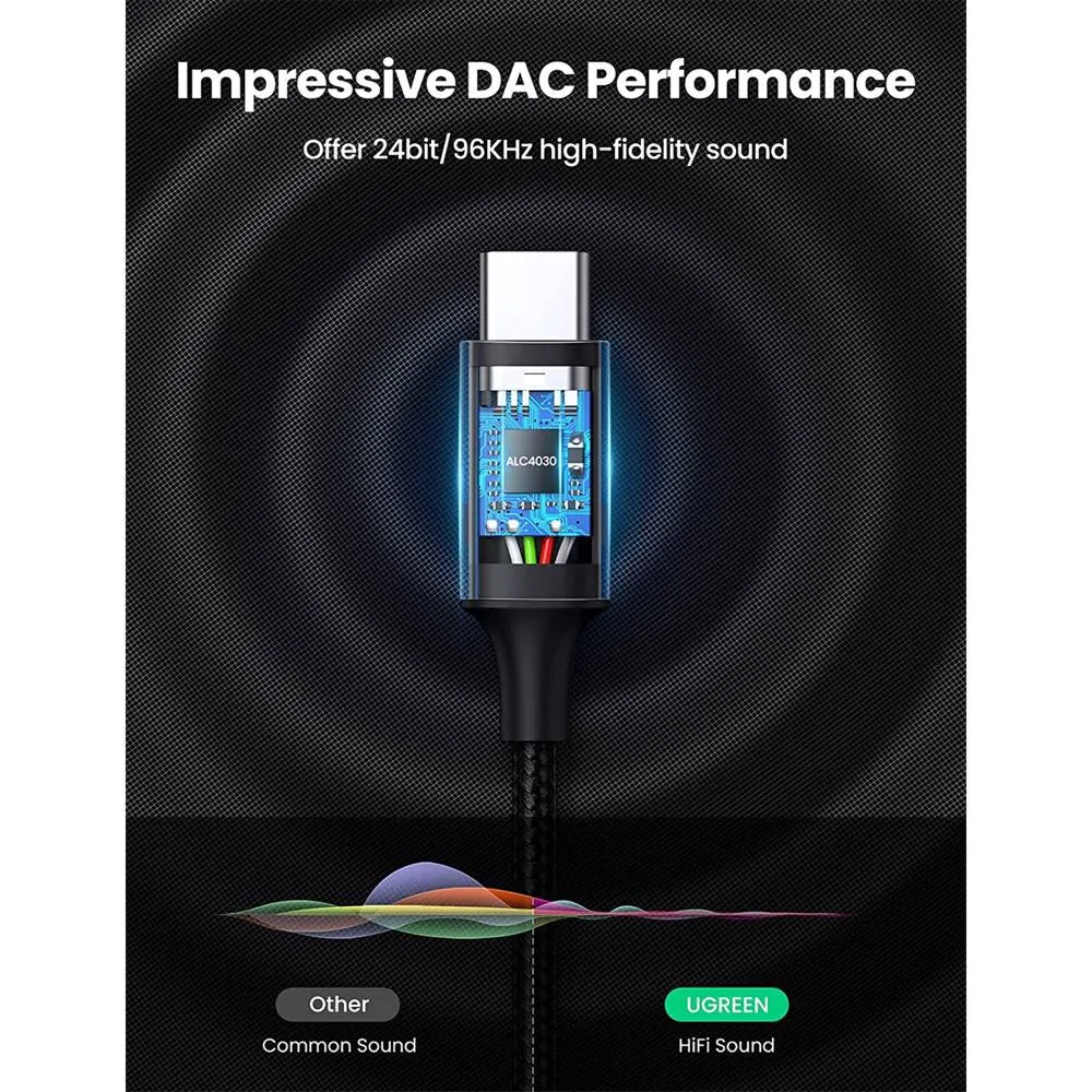 Audio adapter UGREEN CM450 (20192), Type-C To 3.5mm Aux Audio Cable With Chip, 1m, Black/Grey