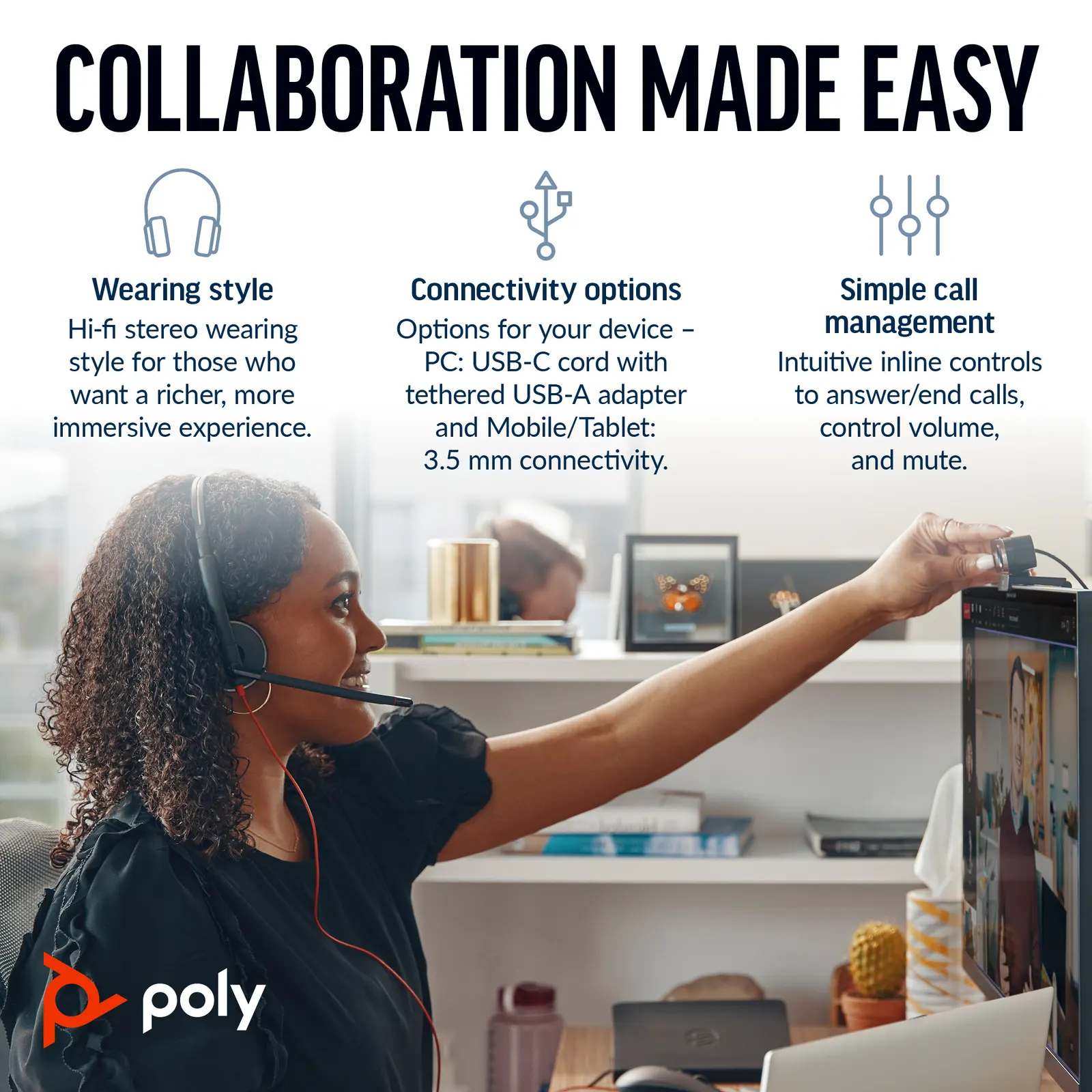 Poly BlackWire 3225 Wired On-ear Black