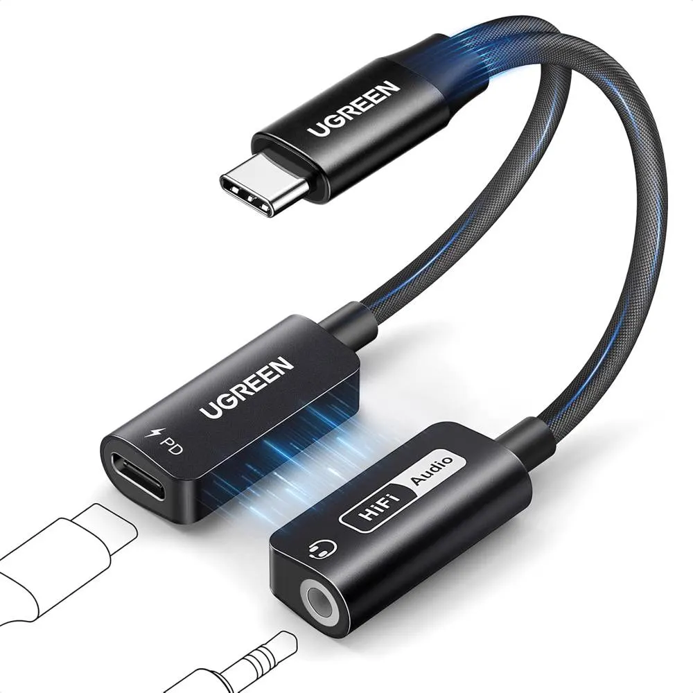 UGREEN CM721 (25837), Type-C to 3.5mm Audio Adapter with Power Delivery, Black