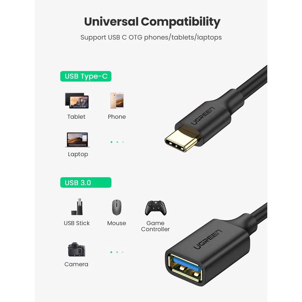 UGREEN US154 (30701), Type-C Male to USB 3.0 Female OTG Cable, 15cm, Black
