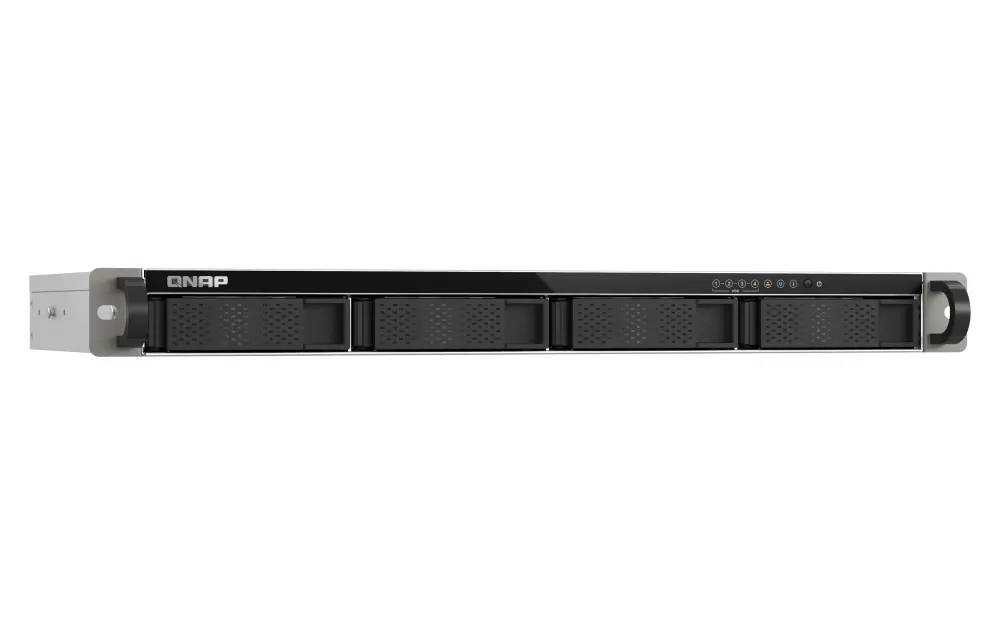 NAS სერვერი 4-Bay quad-core 2.0 GHz short-depth 1U rackmount NAS with 100W power supply, 4GB RAM (not expandable), SATA 6Gb/s, 2 x 2.5 GbE LAN, Container Station