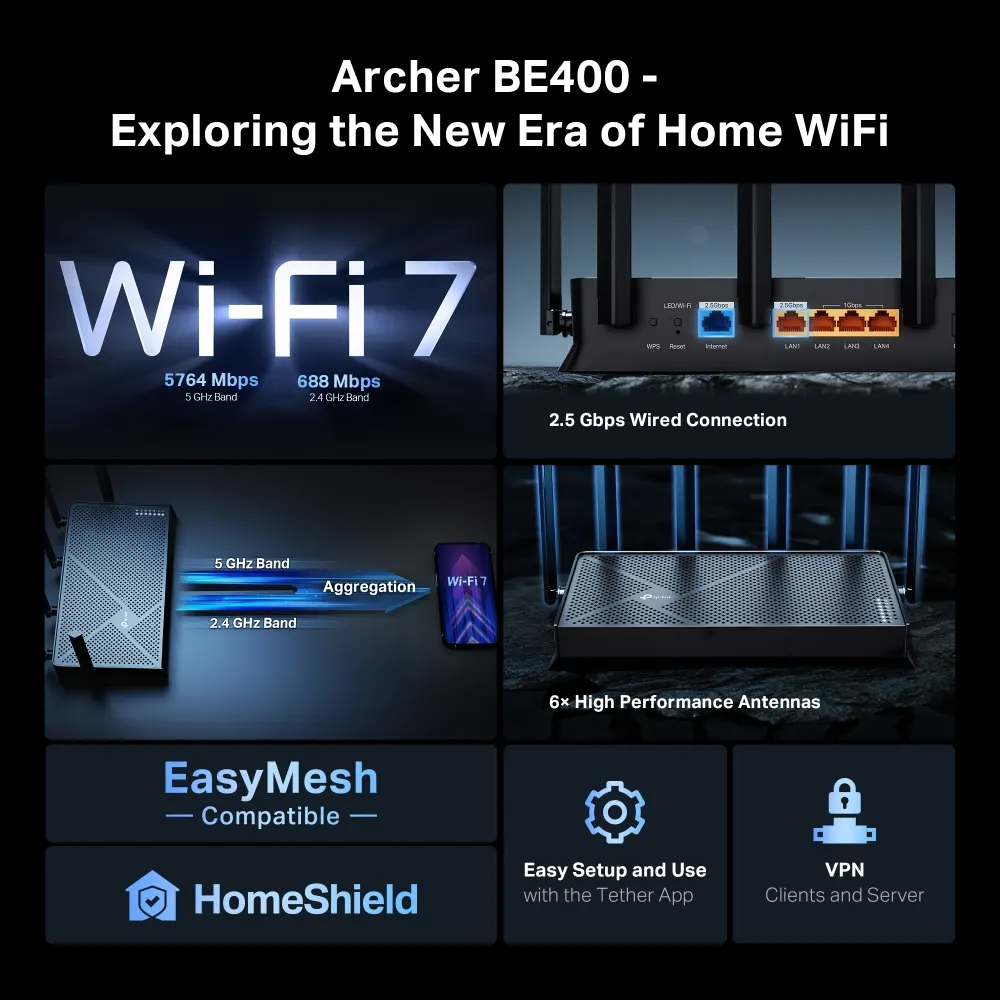 Wi-Fi როუტერი TP-Link Archer BE400 Dual-Band Wi-Fi 7 Router