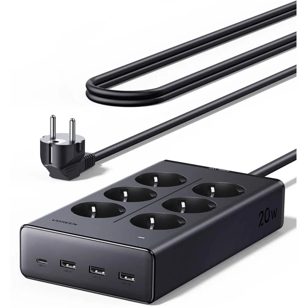 დენის გამანაწილებელი UGREEN S622 (75141), 6 Socket, USB, Type-C, 1.5m, Black