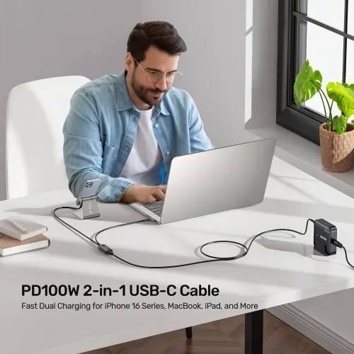 Type-C კაბელი C14146A, UNITEK, Cable, PD100W 2-in-1 USB-C Charging Cable 1.8M .