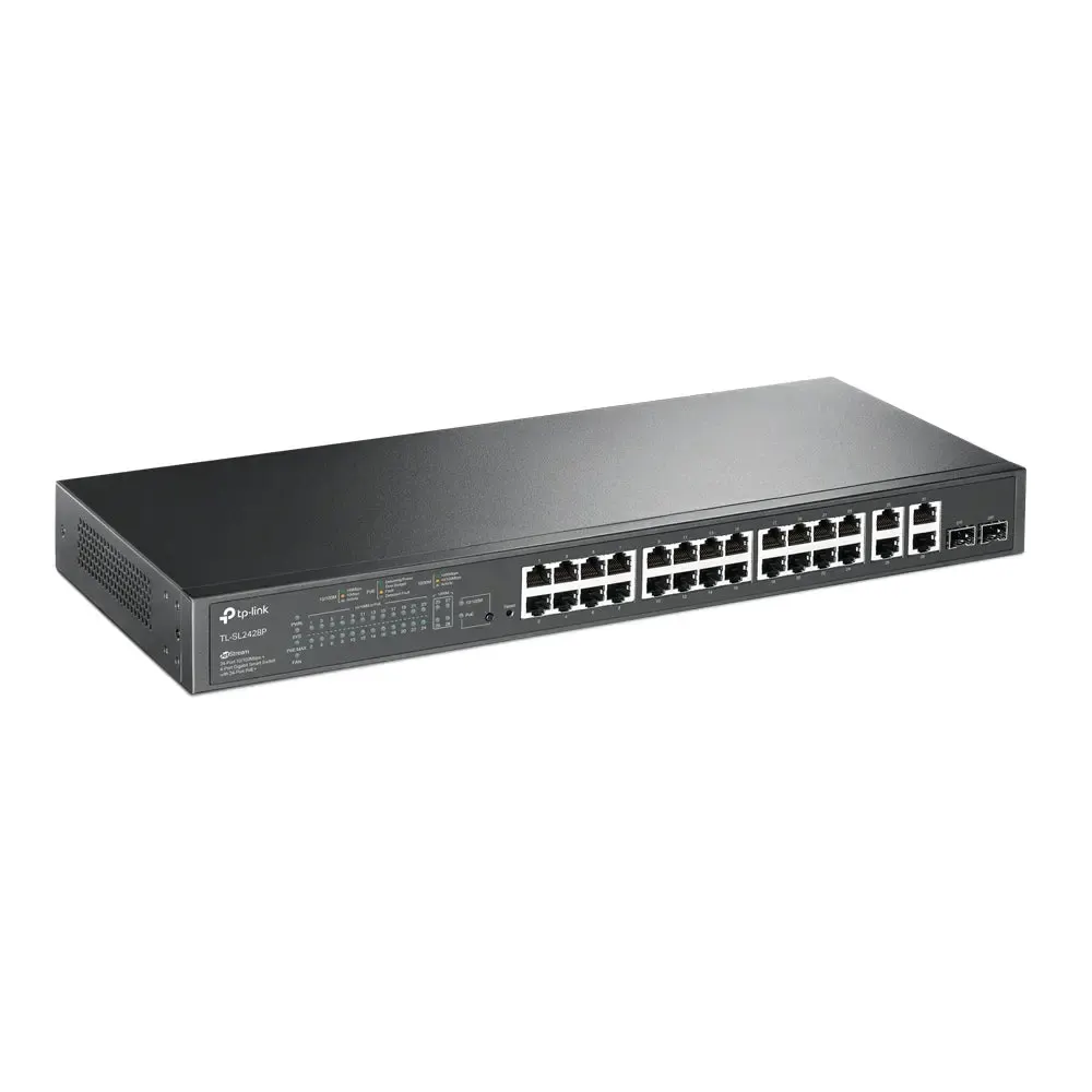 TP-Link, TL-SL2428P, JetStream 24-Port 10/100Mbps + 4-Port Gigabit Smart Switch with 24-Port PoE+