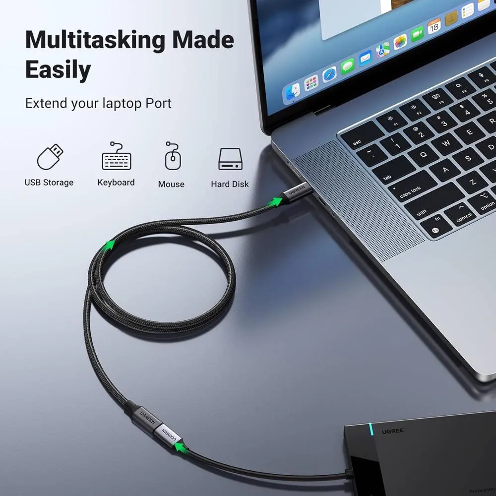 USB ადაპტერი UGREEN US372 (45191), 100W, Type-C Extension Cable, 1m, Black