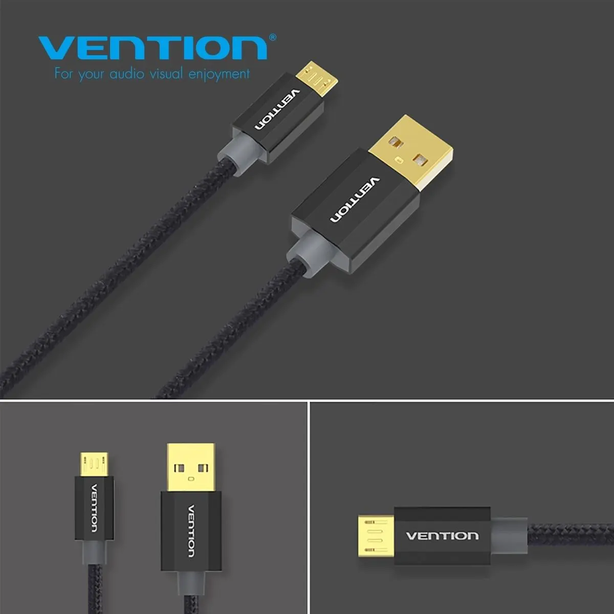 CADBH, VENTION CADBH Cotton Braided USB2.0 A Male to Micro B Male Cable 2M Black