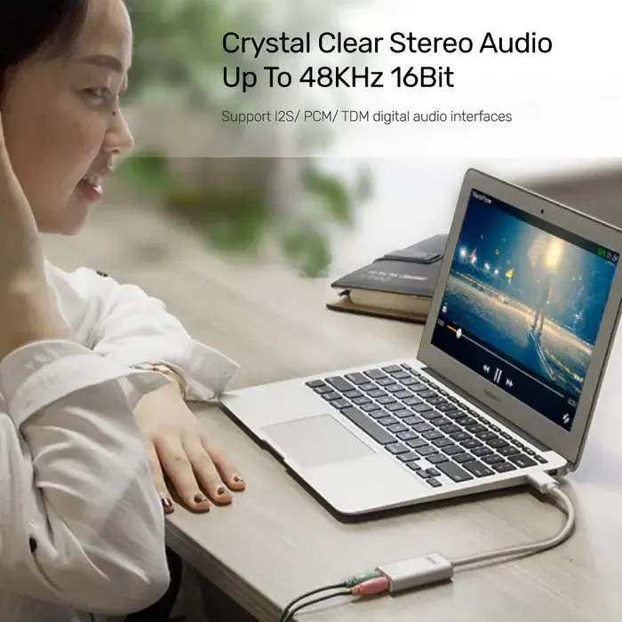 Y-247A, UNITEK, USB Adapter, USB 2.0 External Sound Card Adapter for Stereo Audio, 48KHz 16-bit Silver Color.