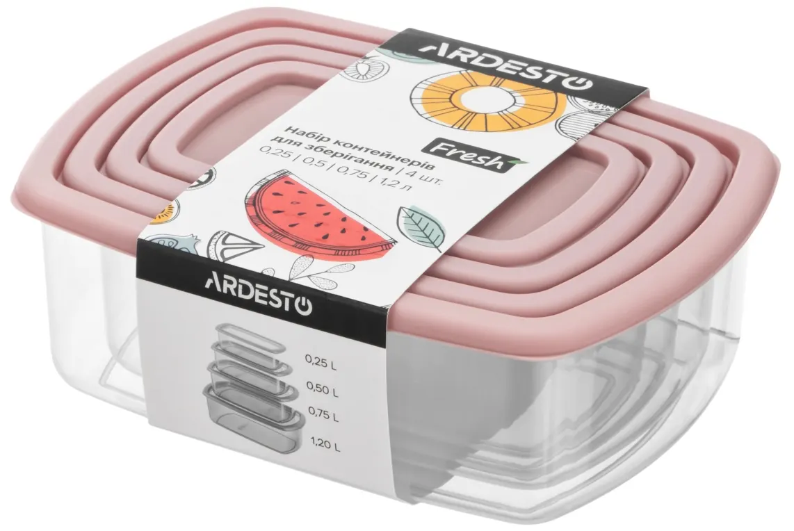 საკვების კონტეინერი ARDESTO Set of food storage containers Fresh 0.25/0.5/0.75/1.2l, plastic, rectangular, pink