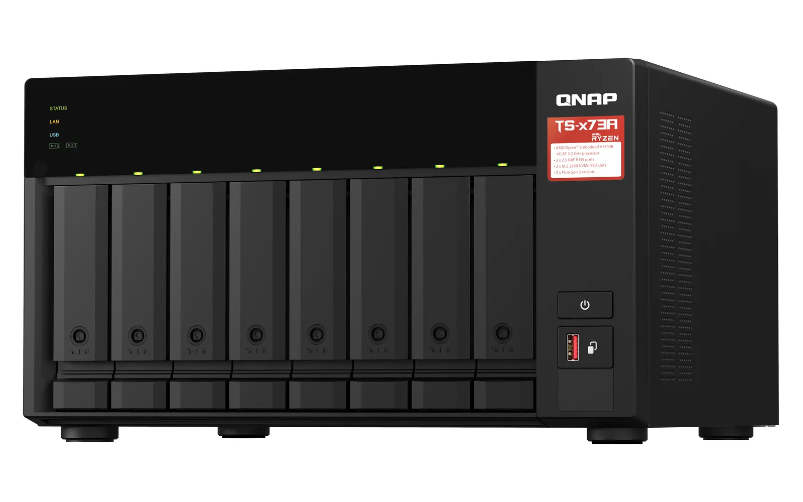 8-bay NAS, AMD Ryzen V1000 series V1500B 4C/8T 2.2GHz, 8GB DDR4 RAM (2 x SODIMM slots, max. 64GB, optional ECC RAM support), 8x SATA 6Gb/s bays, 2x M.