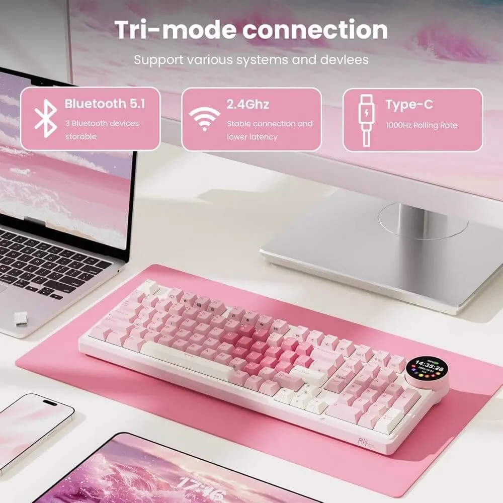 Royal Kludge RK N99-PM-XH RGB Mechanical Keyboard, Cream Switch, Hot Swappable, Wireless, Type-C, Bluetooth, 2.4GHz, Pink Melody