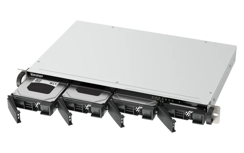 NAS სერვერი 4-Bay quad-core 2.0 GHz short-depth 1U rackmount NAS with 100W power supply, 4GB RAM (not expandable), SATA 6Gb/s, 2 x 2.5 GbE LAN, Container Station