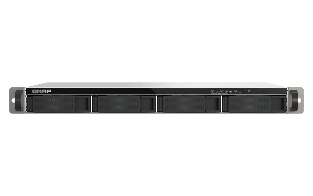 NAS სერვერი 4-Bay quad-core 2.0 GHz short-depth 1U rackmount NAS with 100W power supply, 4GB RAM (not expandable), SATA 6Gb/s, 2 x 2.5 GbE LAN, Container Station