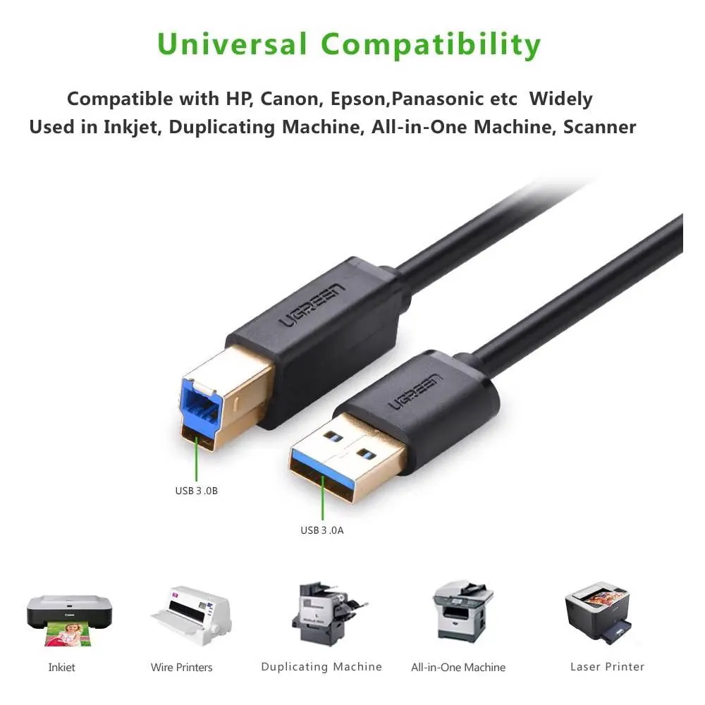 პრინტერის კაბელი UGREEN US210 (10372), Printer Cable, USB-B to USB-A Print Cable, 2m, Black