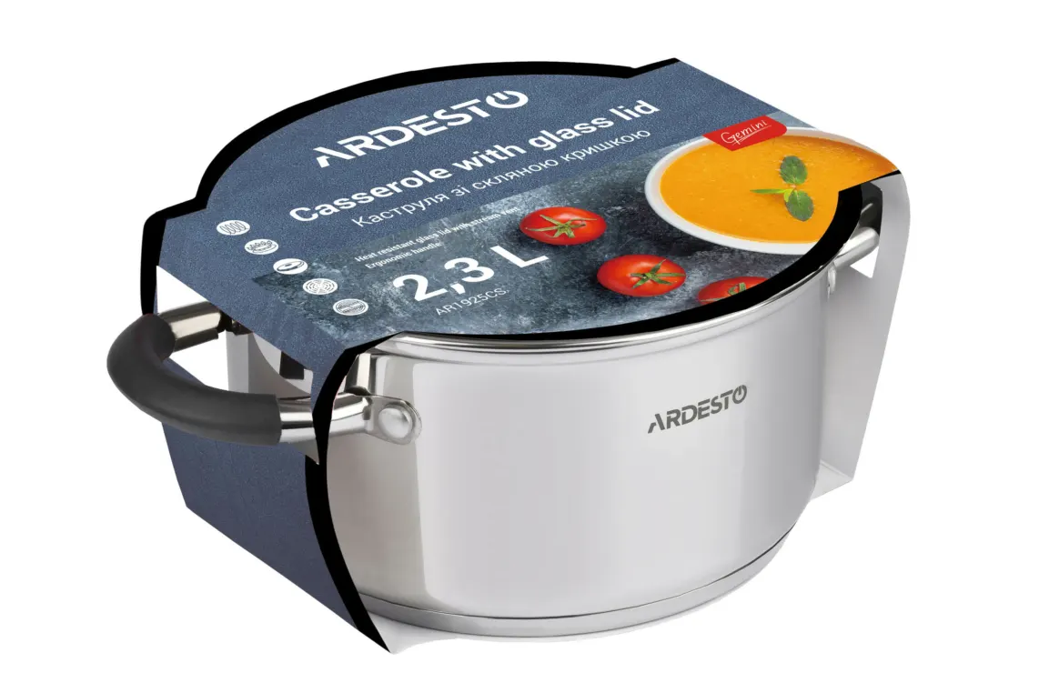 ქვაბი Casserole Ardesto Gemini, glass lid, 2.5 l, gray handles with silicone
