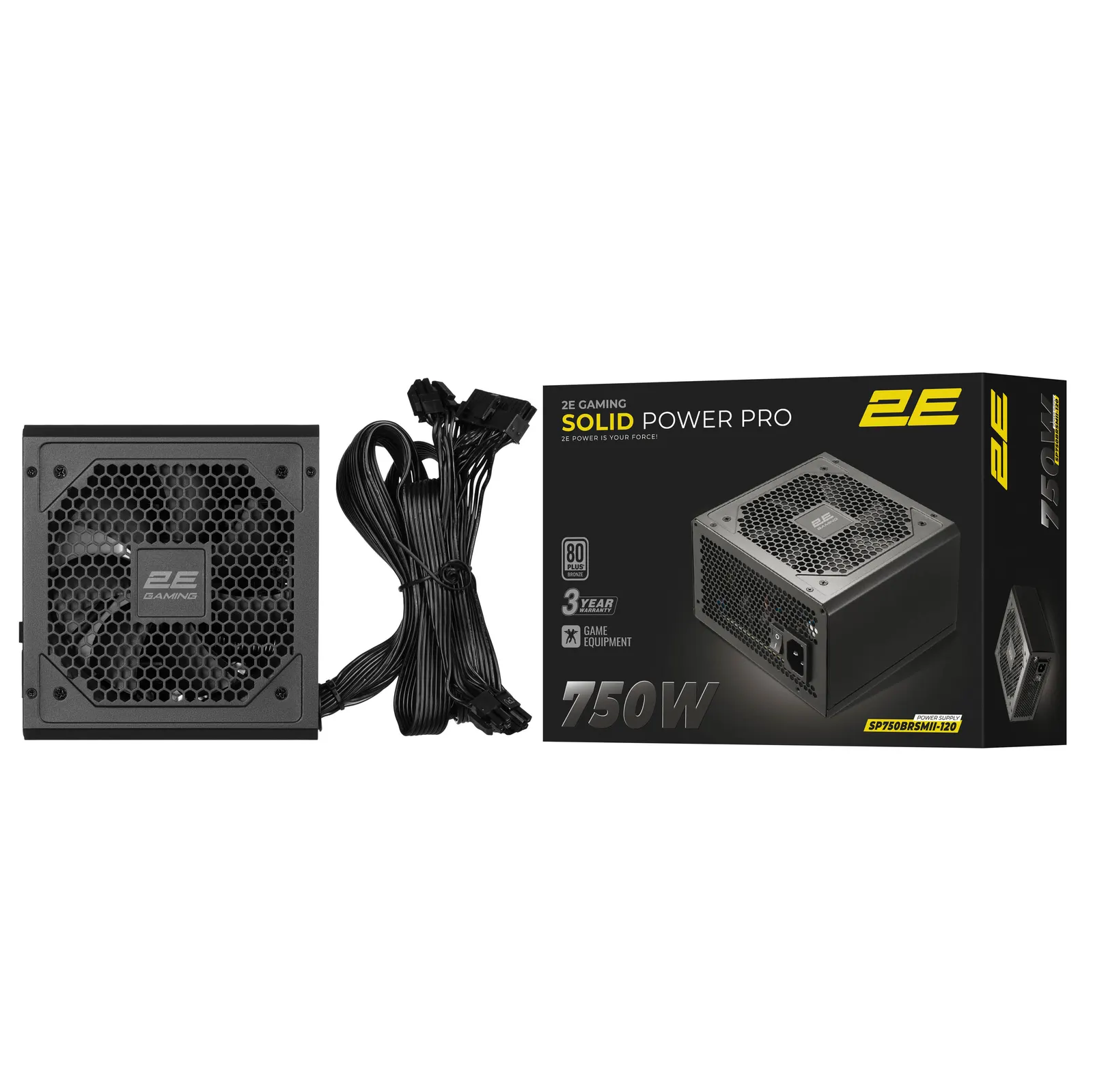 2E GAMING PSU Solid Power Pro (750W), >85%, 80+ Bronze, 120mm, 1xMB 24pin(20+4), 2xCPU 8pin(4+4), 3xMolex, 6xSATA, 4xPCIe 8pin(6+2), 1x12VHPWR, Semi