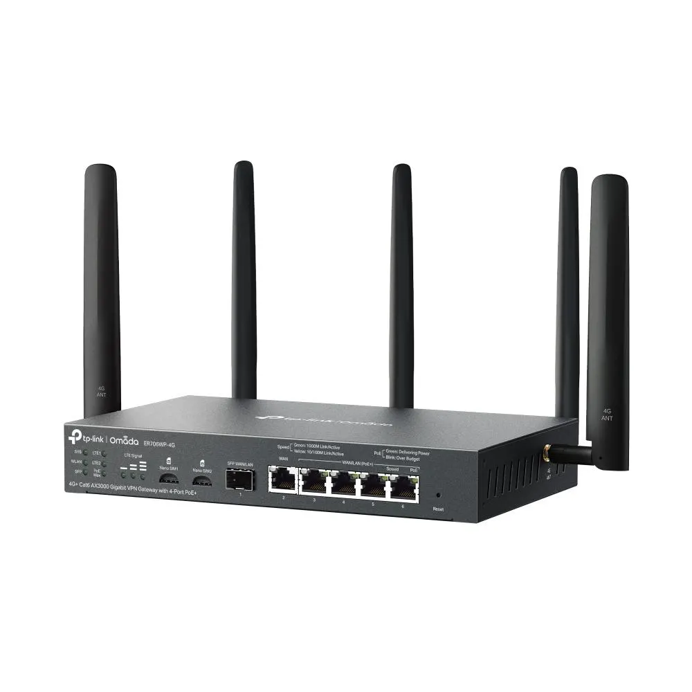 TP-Link, ER706WP-4G, Router, Omada 4G+ Cat6 AX3000 Gigabit VPN Gateway with 4-Port PoE+