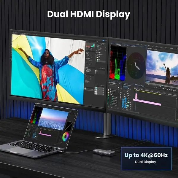 CM498, UGREEN, HUB, USB-C hub Revodok 206, 2xHDMI, USB, Type-C, Grey.