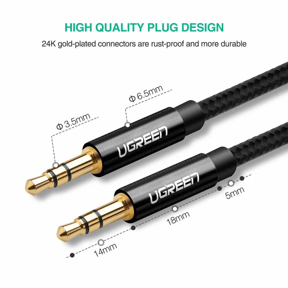 აუდიო კაბელი UGREEN AV112 (50361), 3.5mm Male To 3.5mm Male Cable, 1m, Black
