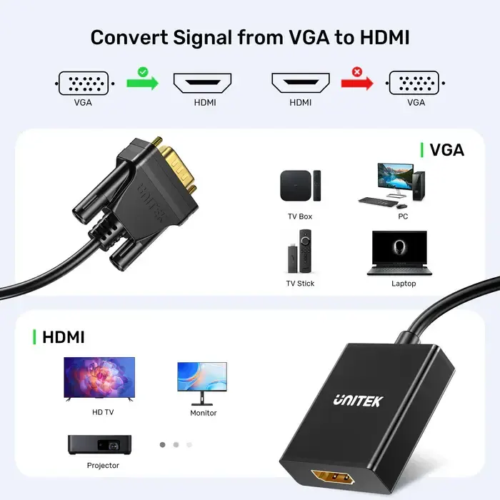V1112ABK01, UNITEK, VGA to HDMI Adapter with Audio & Power Port