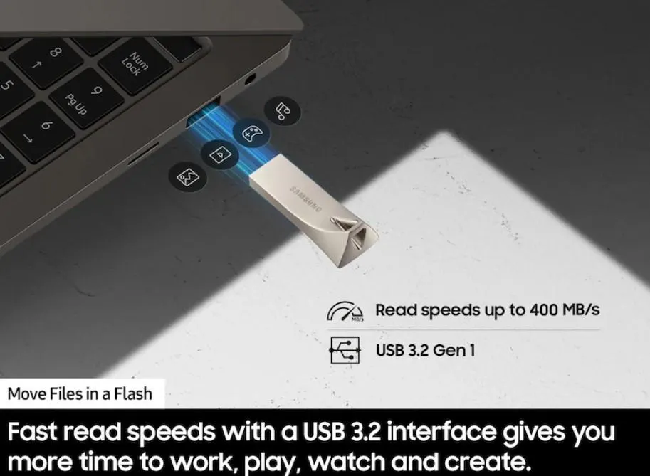 BAR Plus, SAMSUNG, Flash Memory, 128GB, USB A 3.2 Gen1, Up to 400MB/s read.