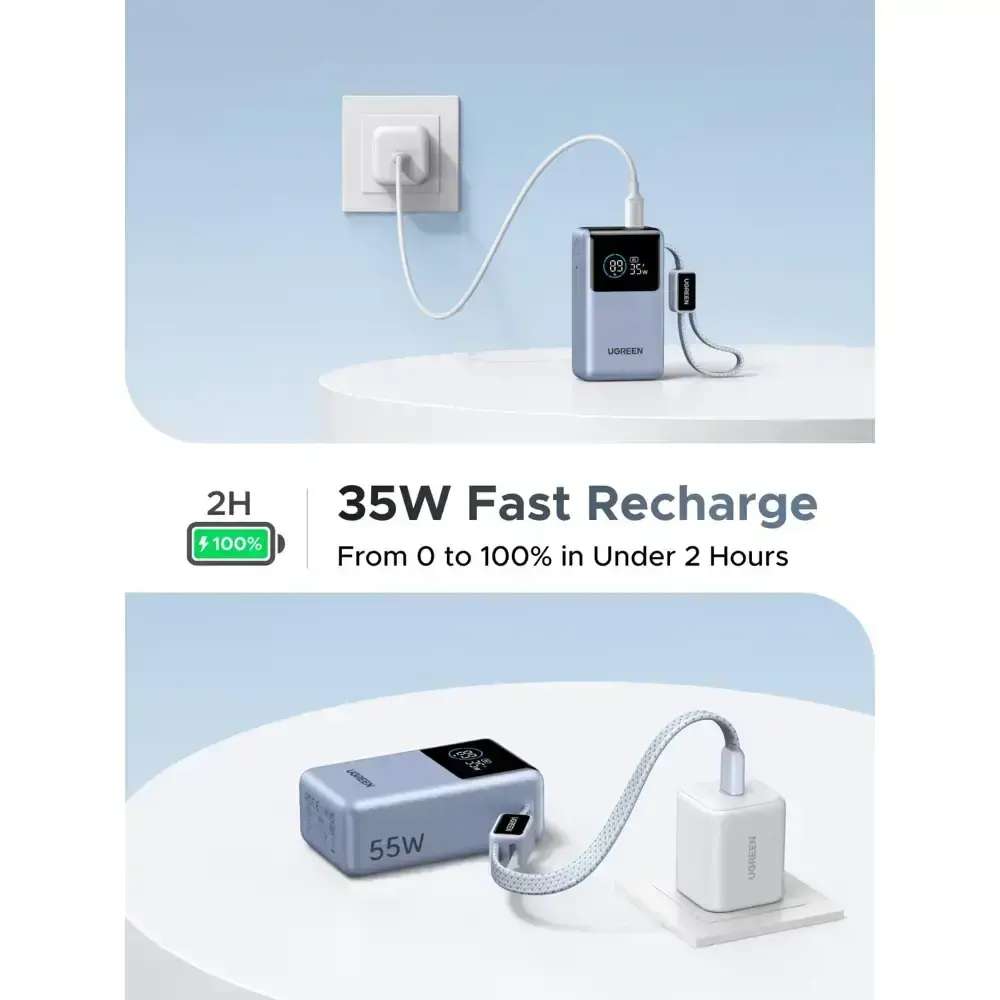 პორტატული დამტენი UGREEN PB727 (75701B) Nexode Pro, 10000mAh, Type-C, USB, Power Bank With Built-in Type-C Cable, Space Gray