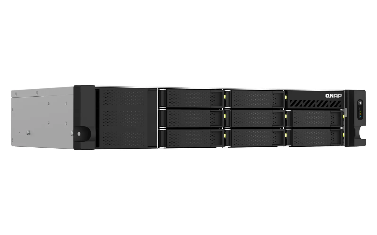 8-bay 2U short depth 12" rackmount NAS, Intel Celeron N5095 quad-core, 8 GB onboard not expandable, 8 x 3.5"/2.5" SATA 6Gb/s drive bays, 2 x 2.5GbE