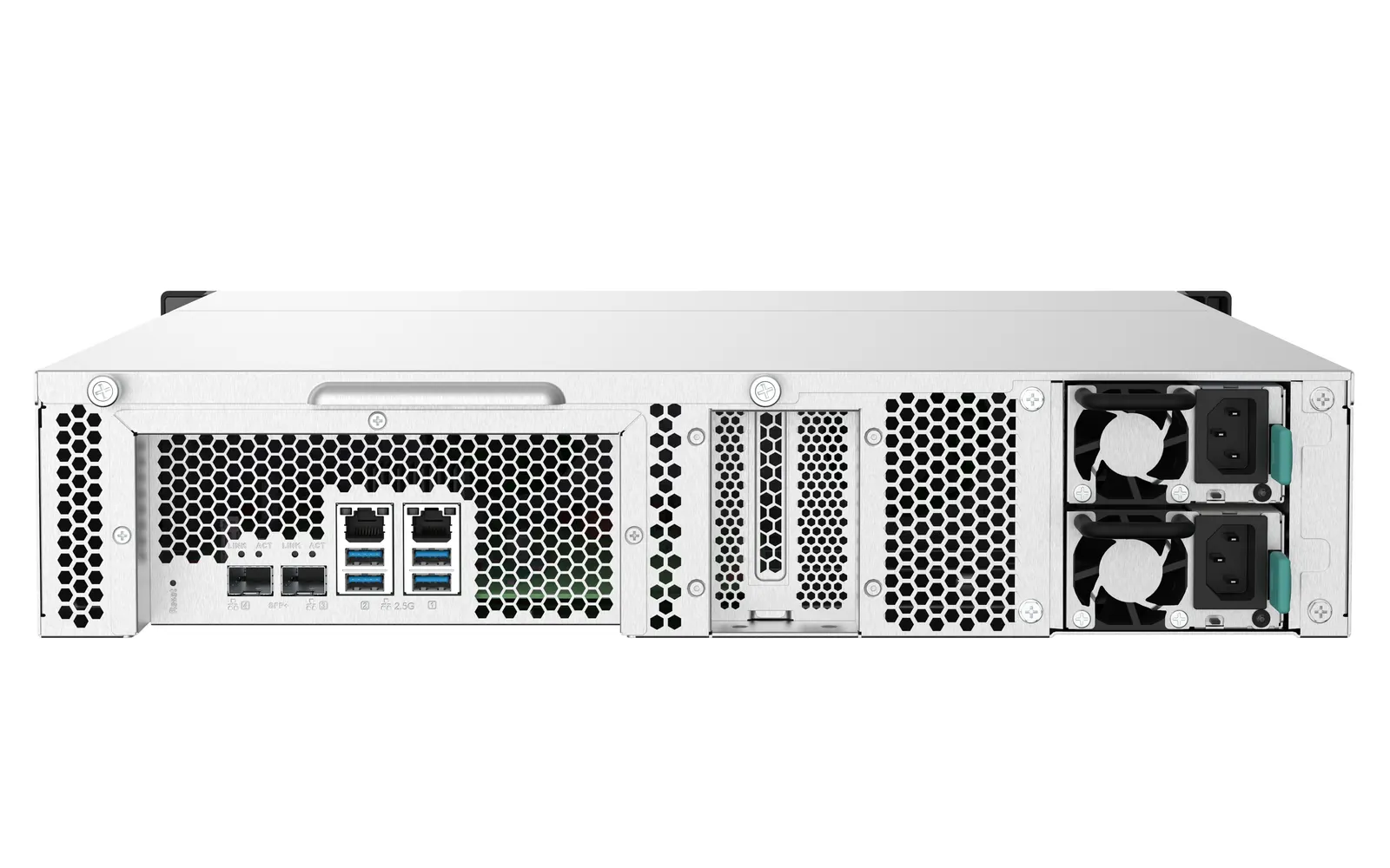 8-Bay AL324 quad-core 1.7 GHz rackmount NAS with 250W redundant PSU, 4GB DDR4 UDIMM RAM (max 16GB), SATA 6Gb/s, 2x 10GbE SFP+, 2x 2.5GbE, 1x PCIe Gen2