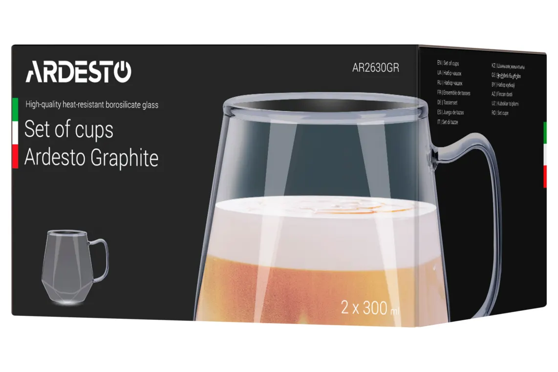 Ardesto Set of cups Graphite, 300ml, 2pcs, borosilicate glass, gray