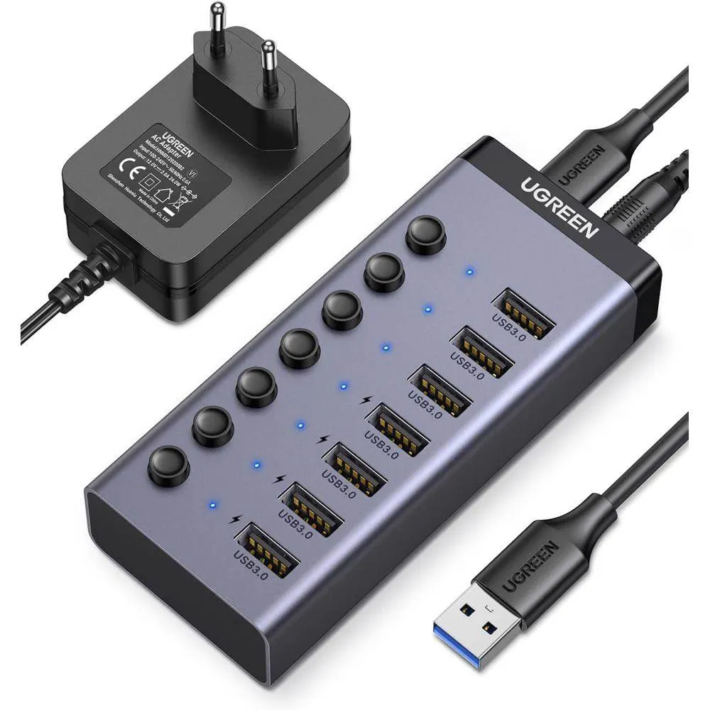 USB ჰაბი UGREEN CM481 (90307) USB 3.0 Hub With 7 Ports USB-A 12V 2A, Gray