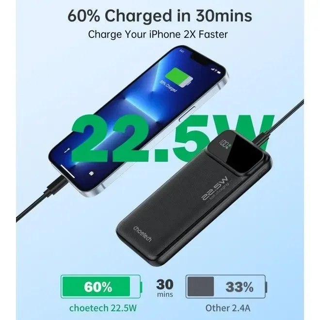 CHOETECH, B728, Power Bank, 10000mAh, 22.5W, Dual USB-A+Type-C, Digital Screen.