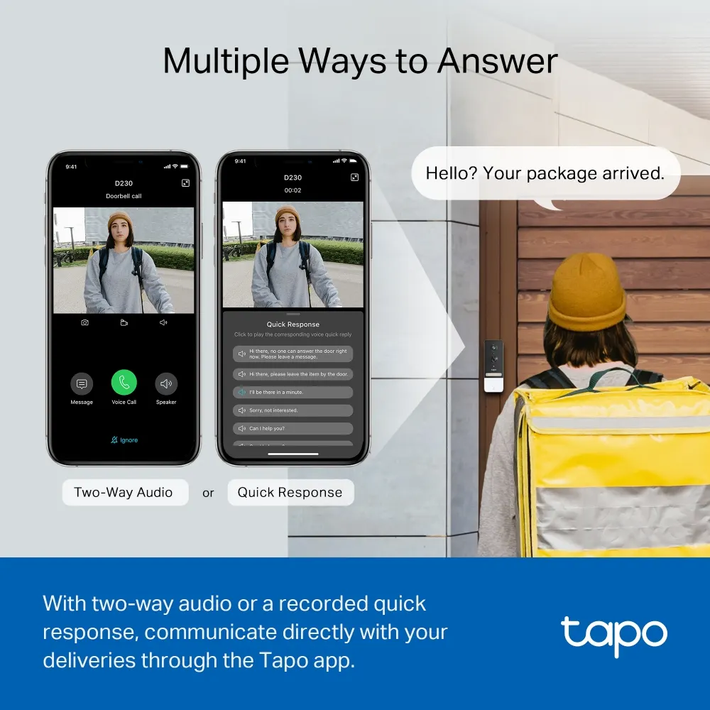 TP-Link Tapo D230S1 Video Doorbell - 2K 5MP (2560 × 1920), 180 Days Battery Life, SD-Card Slot On Hub (Up to 512GB), 160° Viewing Angle, IP64