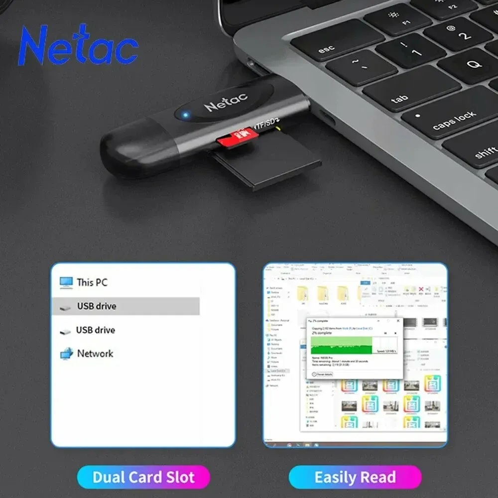 WK13, NETAC, Card Reader, USB3.0+Type-C to mSD/SD, Grey.
