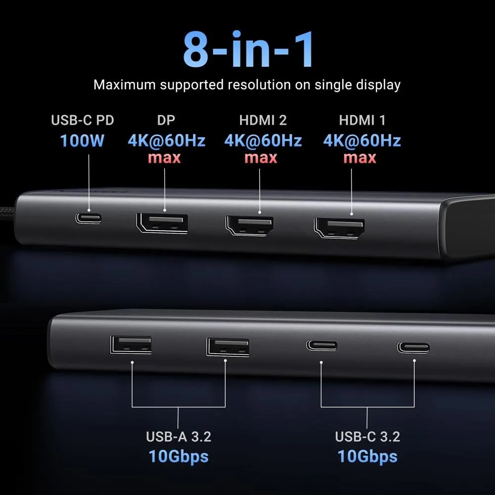 CM639, UGREEN, USB HUB, Revodok 308, HDMI, DP, Type-C, USB-A, PD, 8 in 1 USB C Docking Station, Grey.
