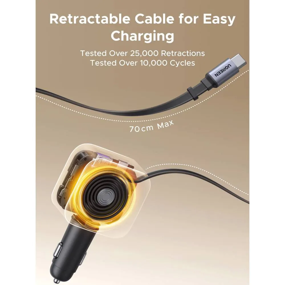 მანქანის დამტენი UGREEN EC604 (55910B) Nexode, 145W, Car Charger With Retractable Type-C Cable, Grey
