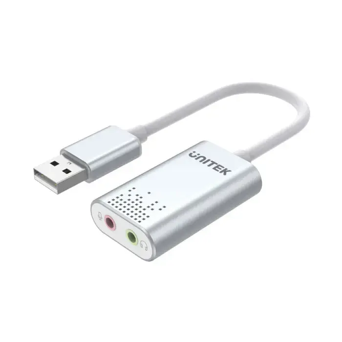 Y-247A, UNITEK, USB Adapter, USB 2.0 External Sound Card Adapter for Stereo Audio, 48KHz 16-bit Silver Color.