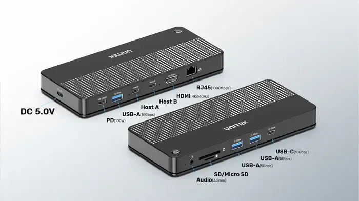 D1077A, UNITEK, Docking Station, Type-C 11-in-2 KVM (USB-C 10Gbps + USB 10Gb + 2*USB + HDMI 4K + 1GB + SD/Micro + Audio + PD 100W + DC), Black