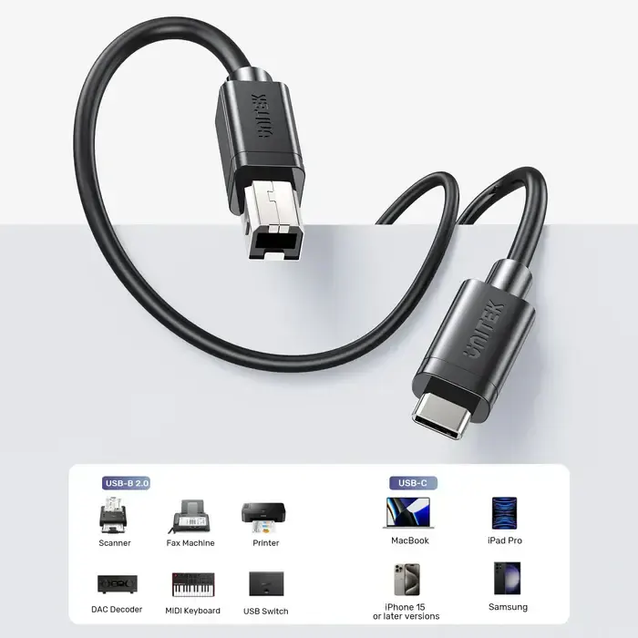 C14140ABK03-2M, UNITEK, 2M, USB-C 480Mbps to USB-B Printer Cable
