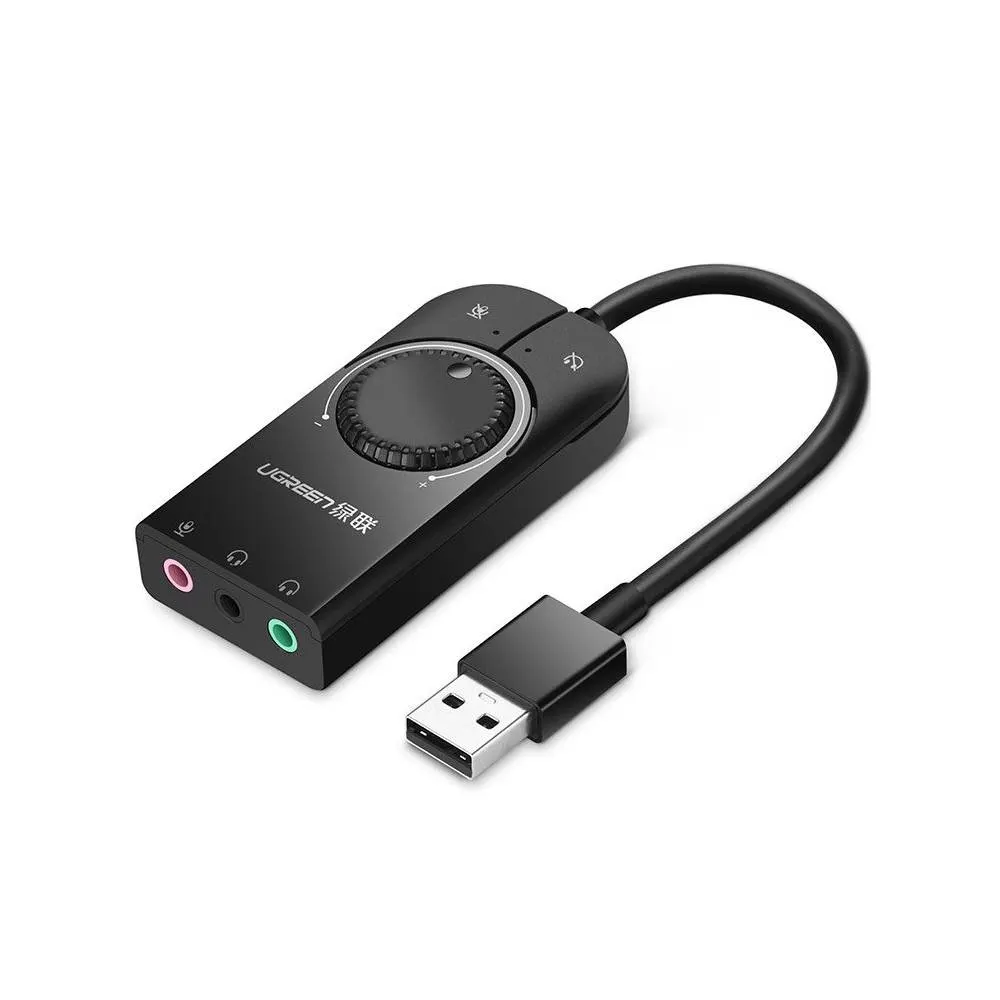 ხმის ბარათი UGREEN CM129 (40964), USB External Stereo Sound, Card 3.5mm Mini Jack With Volume Control Adapter, 15cm, Black