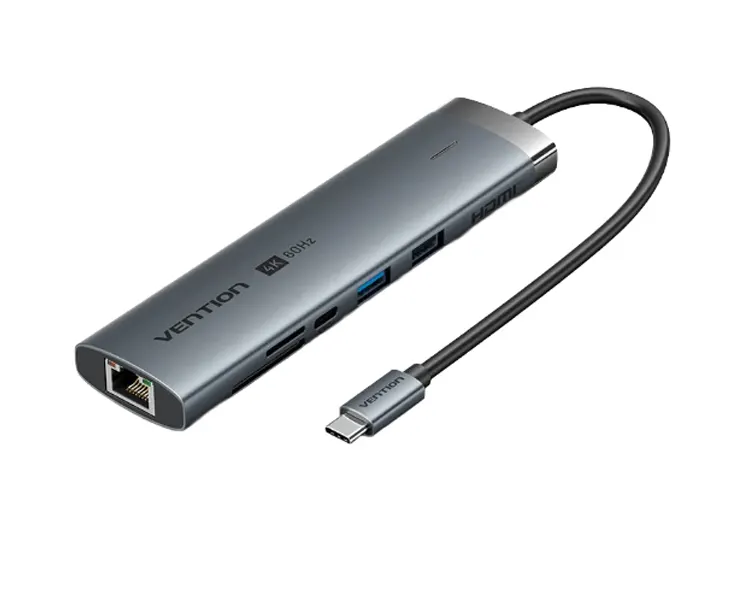 დოქ სადგური Vention TGVHB 9-in-1 USB-C 4K/60Hz Docking Station 5Gbps 100W PD 0.15m Gray Aluminum